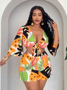 Slaydiva Plus Size Fitted Floral Print Cropped Top And Shorts 2 Pieces Set, Suitable For Spring/Summer Vacation - Multicolor - View 3
