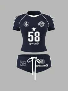 SHEIN ICON Letter Print Short Sleeve T-Shirt And Low-Waisted Shorts Set