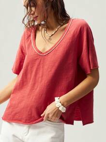 Bohemela BOHO Vacation Solid Color Knit V-Neck Short Sleeve Loose Backless Washed Women T-Shirt