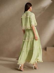 Anewsta Conjunto elegante y romántico de 2 piezas para mujer - Blusa con flecos y aplicación floral verde y falda larga, para primavera/verano