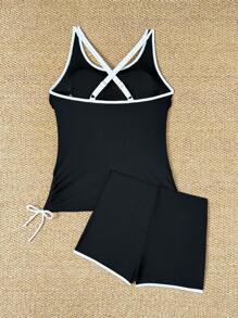 Swim Lushoire Bộ đồ bơi đi biển mùa hè mới cho nữ không tay cổ tròn màu tương phản quần short có dây rút eo màu đen bộ bikini đi nghỉ thường ngày - Đen và trắng - Xem 2