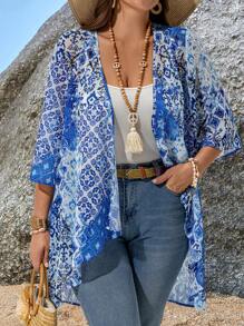 EMERY ROSE 大码女式花卉印花 3/4 袖宽松前开式休闲外套夏季女装热带度假女装秋冬超大码海滩褶边雪纺 - 彩色 - 查看 1