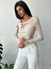 Firerie Elegant förenklat mode för kvinnor Charmigt romantiskt blommönster Sned axel volanger Tight långärmad skjorta, lämplig för datum, daglig pendling, höst/vinter/vår - Multifärgad - Visa 5