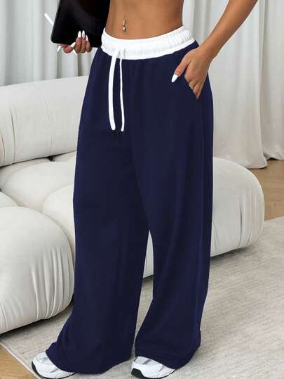 Dewbera Casual Loose Contrast Color Drawstring Waist Wide Leg Yoga Pants
