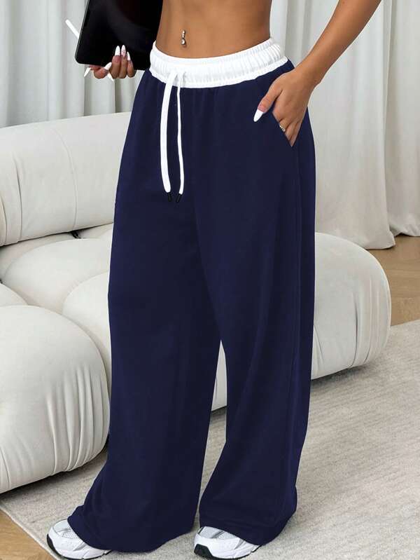 Dewbera Pantaloni de yoga cu șnur cu șnur în talie, lejer, în contrast