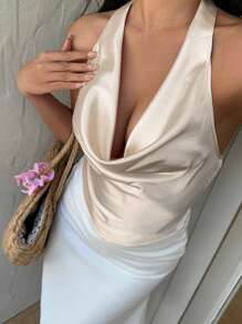 Flirla 女式纯色圆领无袖上衣，简约设计，适合夏季 - 米色 - 查看 1