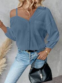 SHEIN Essnce Blusa holgada y casual de estilo callejero con hombros caídos, cuello asimétrico y unicolor, para primavera y verano, nueva moda