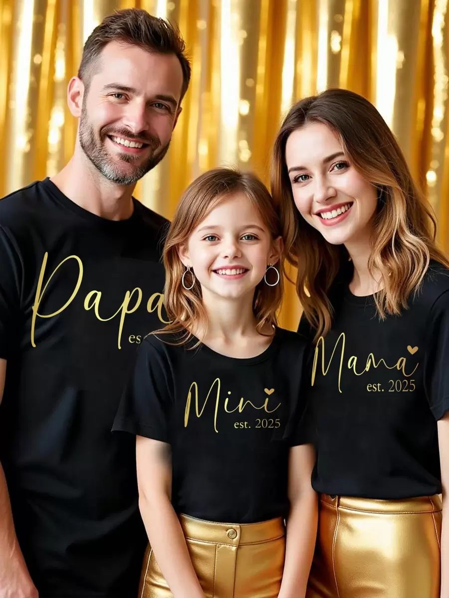 SHEIN 1pc Young Girl Casual Love Print Basic Short Sleeve T-Shirt, Family Matching Mommy And Me - Black - View 1