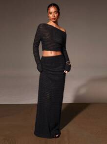 Athîral Chân váy dài ôm vừa vặn màu trơn, thích hợp mặc hàng ngày - màu đen - Xem 3