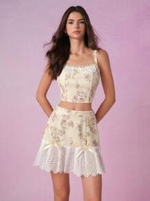 SHEIN MOD 2 Pieces Vintage Floral Lace Patchwork Set - Tie Cropped Top And Floral Print Midi Skirt, Resort Wear, Bohemian Women's Wear, Beachwear For Women, Vacation Outfits Women, - Multicolor - View 3