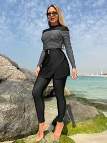 SHEIN Swim Mulvari Women's Striped Long Sleeve Burkini Top And Pants Set, Minimalist & Fashionable For Summer - Black and White - View 6