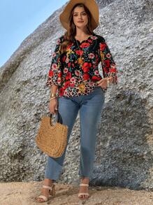 EMERY ROSE 大码休闲花卉豹纹衬衫，适合度假夏季女装热带度假女士衣服海滩 - 彩色 - 查看 4