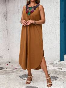 EMERY ROSE Plus Size Casual Ribbon Patchwork Sleeveless Dress - Mocha Brown - View 3