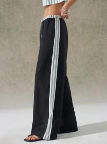 LYSMO Casual Commuter Super Oversized Wide-Leg Pants With Side Stripes And Waistband Details - Black - View 4