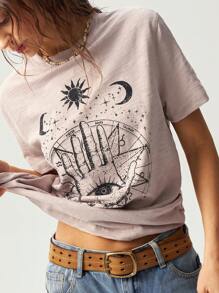 Bohemela Boho Women Casual Solid Color Knit Round Neck Short Sleeve Loose Wash T-Shirt, Graphic Tee - Apricot - View 2