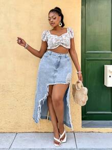SHEIN VCAY Minifalda de mezclilla casual con dobladillo asimétrico desgastado, para mujer talla grande, faldas de mezclilla azules para mujer, faldas para mujer, falda de mezclilla para mujer, verano, vacaciones, Pascua, primavera, estilo occidental, oficina - Azul - Ver 7