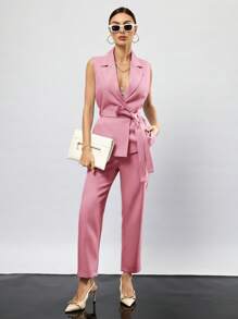 Aveloria Modichic Ladies' Solid Color Sleeveless Vest And Suit Set  - Pink - View 6