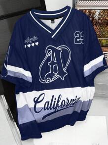 Aesthetic Post 男士 V 领字母印花短袖宽松休闲 T 恤 - 寶藍色 - 查看 1