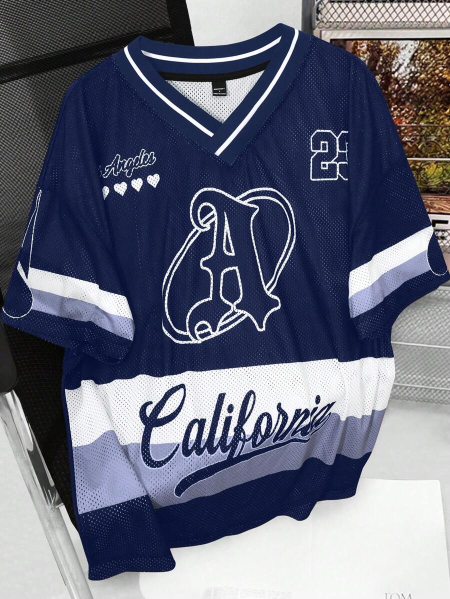 Aesthetic Post 男士 V 领字母印花短袖宽松休闲 T 恤 - 寶藍色 - 查看 1