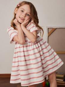 PrepCrw 春夏少女学院风粉色和白色条纹针织短袖运动衫连衣裙
