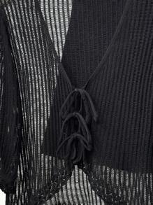 Calvaya Plus Size Casual French Style Black Frill Trim Tie Front Cropped Lightweight Cardigan - Black - View 4