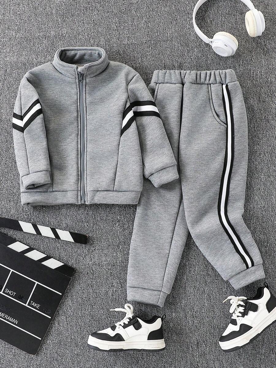 SHEIN 4-7 岁男孩保暖内衬运动套装,舒适时尚的休闲运动服,适合节日、生日、派对、日常穿着、秋季、春季、冬季、家居服,包含长袖夹克和裤子套装 男童运动服男童慢跑套装男童慢跑套装男童运动服男童运动服 - 深灰色 - 查看 1