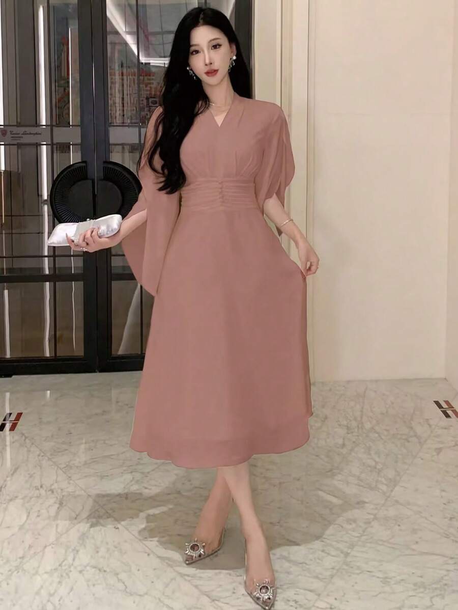 DAZY 女士返校节纯色V领褶皱雪纺中长连衣裙,生日、新年、舞会礼服,秋季长袖连衣裙,优雅女士连衣裙 - 乾枯玫瑰色 - 查看 1