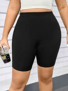 SHEIN Essnce 大码女装春夏时尚休闲运动舒适高弹基础百搭日常黑色摩托车短裤4条装，女式下装，骑行短裤，夏季女装，Y2K风格，慢跑裤 - 黑色 - 查看 4