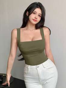 DAZY Áo ba lỗ không tay tối giản gợi cảm dành cho nữ có thiết kế ngực xếp nếp, giản dị cho mùa hè - xanh quân đội - Xem 6