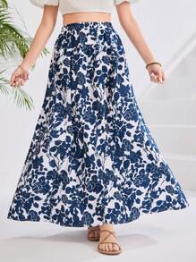 SHEIN Jupe longue décontractée pour les vacances à la plage, imprimé floral et végétal bleu et blanc, froncée, pour les adolescentes. Printemps et été