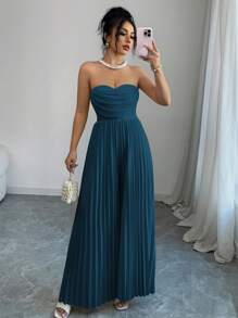 Selianne 优雅浪漫女士无袖荷叶边收腰连体裤，适合度假 - 水鴨藍 - 查看 5