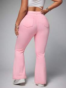SHEIN EZwear Plus Size Casual Solid Distressed Slim Flared Leg Jeans - Baby Pink - View 2