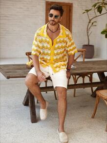 Manfinity Homme 男士波浪条纹单排扣短袖休闲针织上衣，钩针编织沙滩度假上衣 - 彩色 - 查看 5