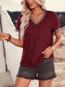 LanaWest Damen Patchwork Geometrisch Träger V-Ausschnitt Kurzarm Lässig T-Shirt