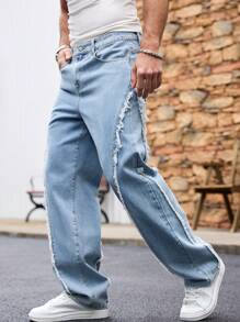 Manfinity Roughcore Men's Loose Wide Leg Frayed Hem Blue Jeans - Light Wash - View 3