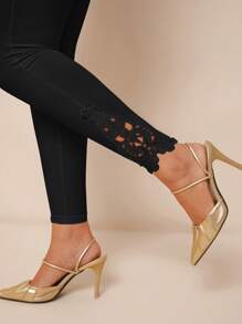 Amorya Quần legging nữ cạp chun, phối ren tương phản, thời trang đa năng, thích hợp cho mùa xuân, thu, đông, đi học, kiểu dáng kín đáo, cổ điển, dành cho giáo viên, phong cách sân bay, đẹp cho nữ. - màu đen - Xem 8