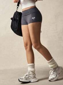 VARSITIE Tight Racket Print Foldover Waistband Yoga Sports Shorts - Dark Grey - View 5