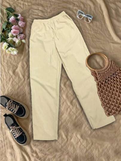 SHEIN 女士纯色前系带口袋简约设计休闲长裤，日常穿着