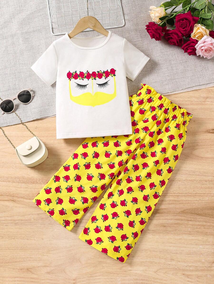 2pcs/Set Young Girl Floral Print Round Neck Short Sleeve T-Shirt And Pants, Casual Outfit