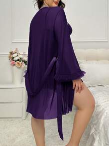 Plus Size Lace Patchwork Slip Dress & Bell Sleeve See-Through Robe Set, Waist Cinched Design