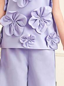 SHEIN 2pcs Tween Girl Elegant Collared Tank Top With 3D Floral Decor & Matching Pants Set - Purple - View 2