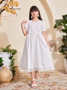SHEIN Tween 女童白色中长宽松腰部不对称下摆和荷叶边装饰圆领短款泡泡袖休闲日常百搭连衣裙，适合上学、郊游、度假、春夏，适合所有体型 - 白色 - 查看 5