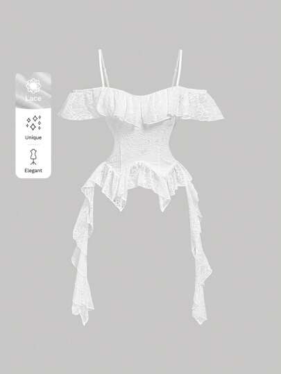 SHEIN MOD White Off-Shoulder Romantic Vintage Blouse With Ruffled Hem For Women Graduation Concert Women White Top