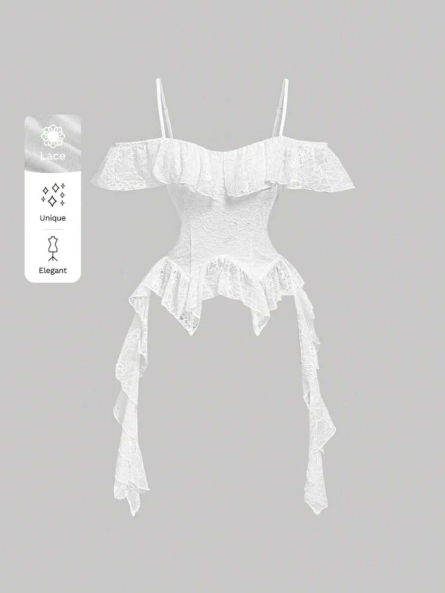 SHEIN MOD 白色露肩浪漫复古荷叶边下摆女式衬衫,适合毕业典礼、音乐会等场合穿着。 - 白色 - 查看 1