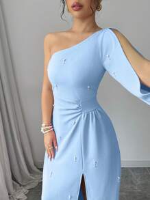 Rafferiza Váy xẻ tà đính cườm sang trọng quyến rũ kiểu Pháp - Màu xanh nhạt - Xem 4