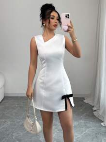 Elenzga Vestido corto mini de línea A con hombros asimétricos, cuello trenzado, mangas cortas y lazo con acentos de color contrastante, elegante para salir, citas, fiestas, banquetes, festivales de música, Ramadán