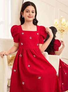 Tween Girls 优雅珍珠串珠方领羊腿袖荷叶边下摆纯色缎面派对礼服，适合婚礼、生日、派对