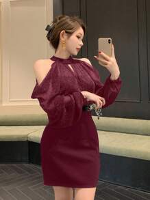 DAZY 女士返校短款连衣裙，迷你长款优雅秋季连衣裙返校节连衣裙长袖连衣裙红色女士连衣裙 - 酒紅色 - 查看 4