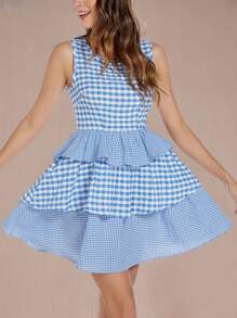 INAWLY Blue Plaid Patchwork With Ruffle Hem Casual Dress, Spring/Summer - Blue - View 4