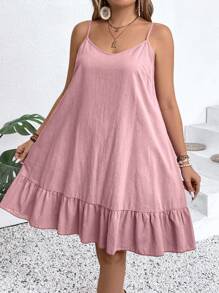EMERY ROSE Plus Size Women Solid Ruffles Hem Casual Sleeveless Dress